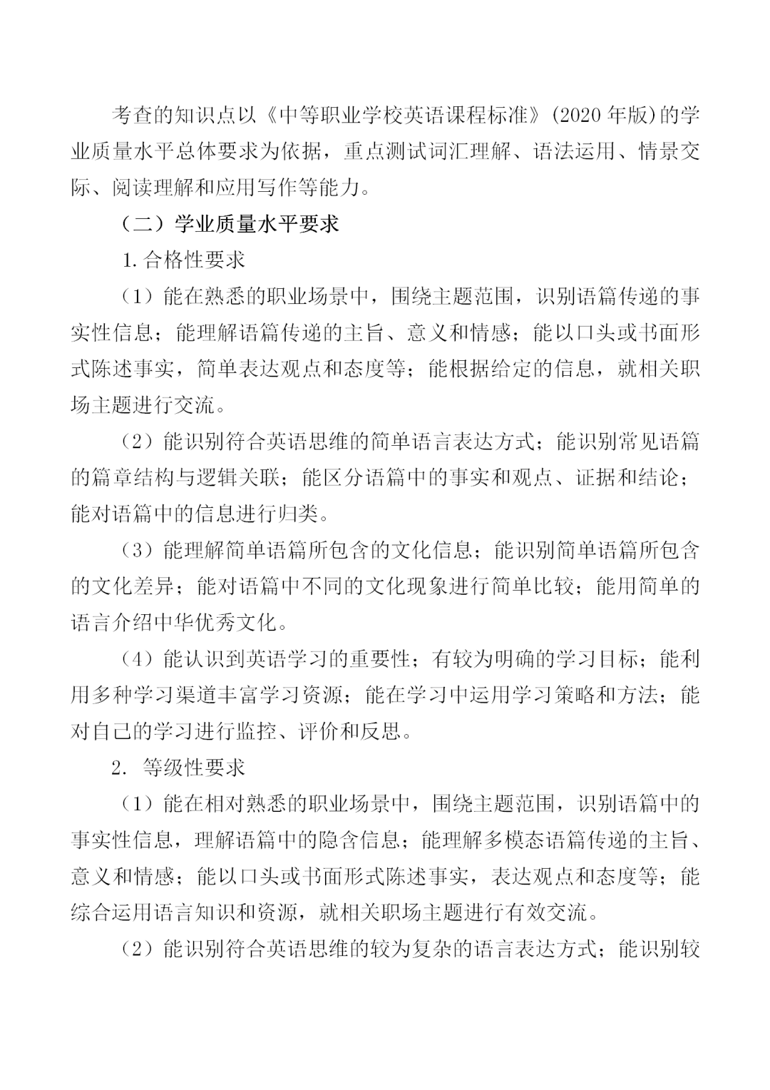 福建中職學(xué)考英語(yǔ)大綱